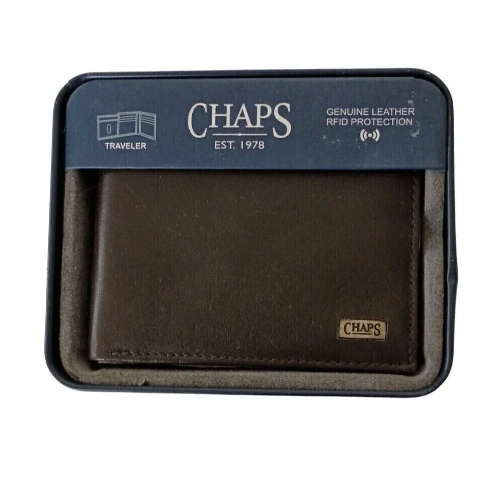 Chaps Men Dark Brown Traveler Bifold Genuine Leather Wallet RFID Protection